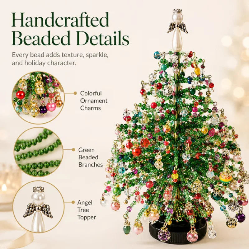 A handcrafted beaded Christmas tree featuring colorful ornaments, green branches, and an angel tree topper.