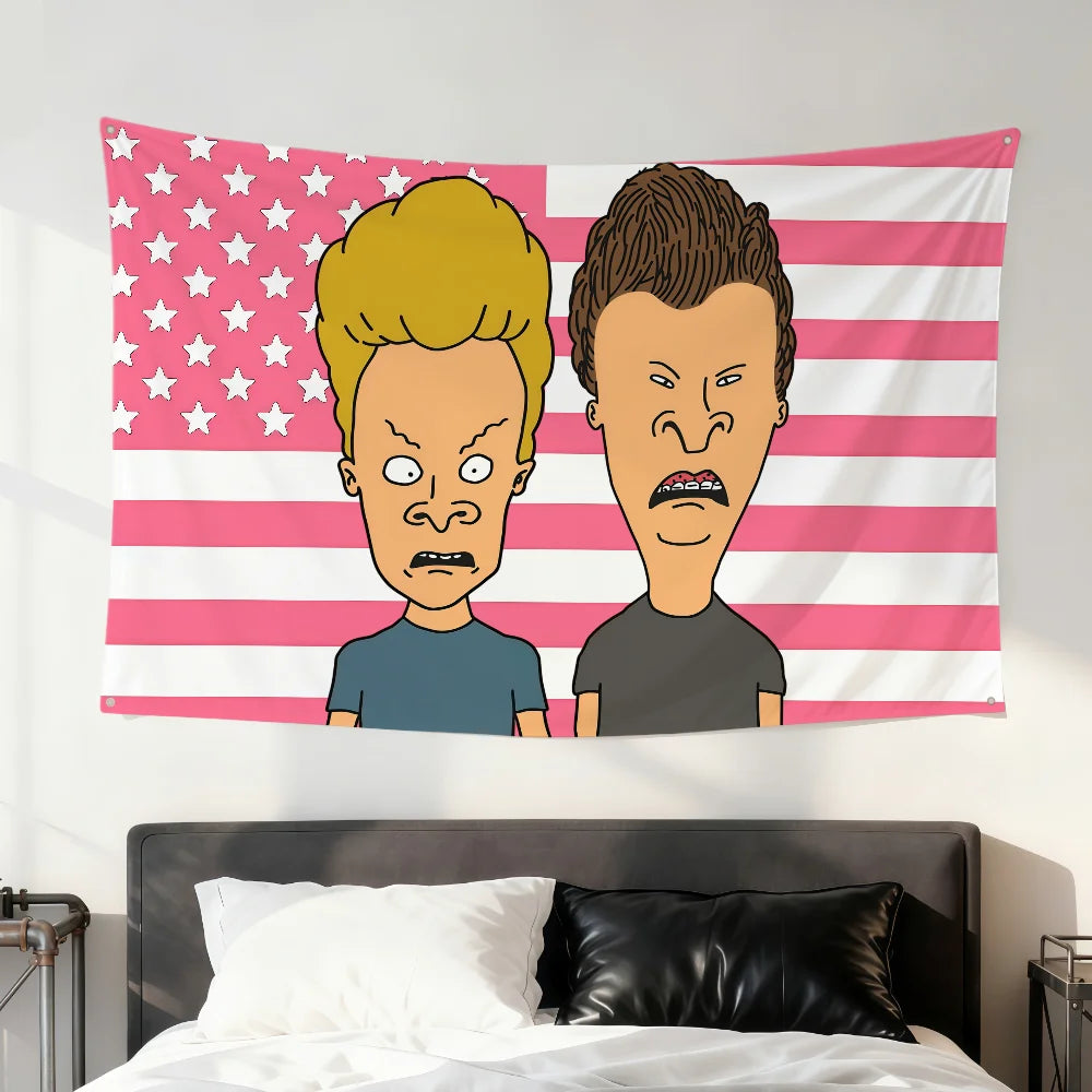 A flag featuring Beavis and Butt-Head characters in a patriotic design for decor.