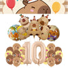 A collection of 10 foil balloons shaped like capybaras in various shades of brown and gold.
