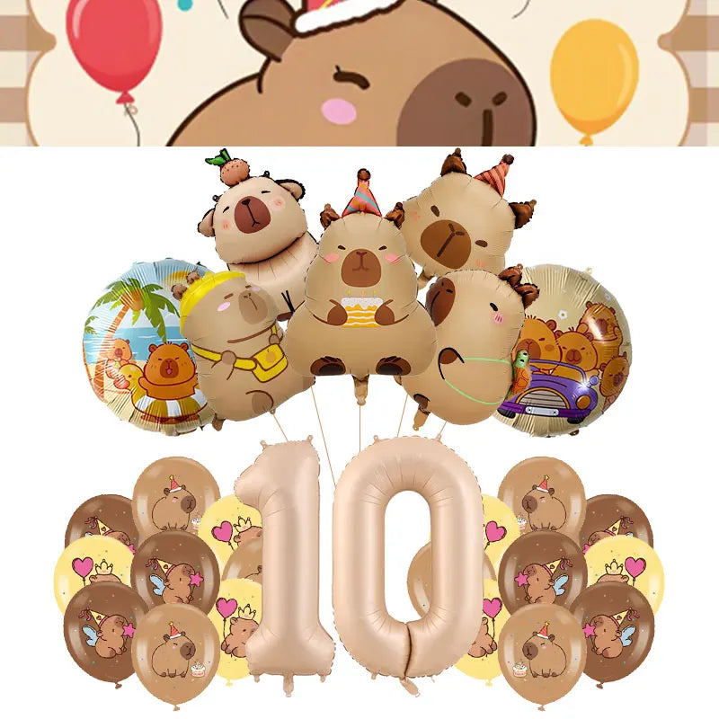 A collection of 10 foil balloons shaped like capybaras in various shades of brown and gold.