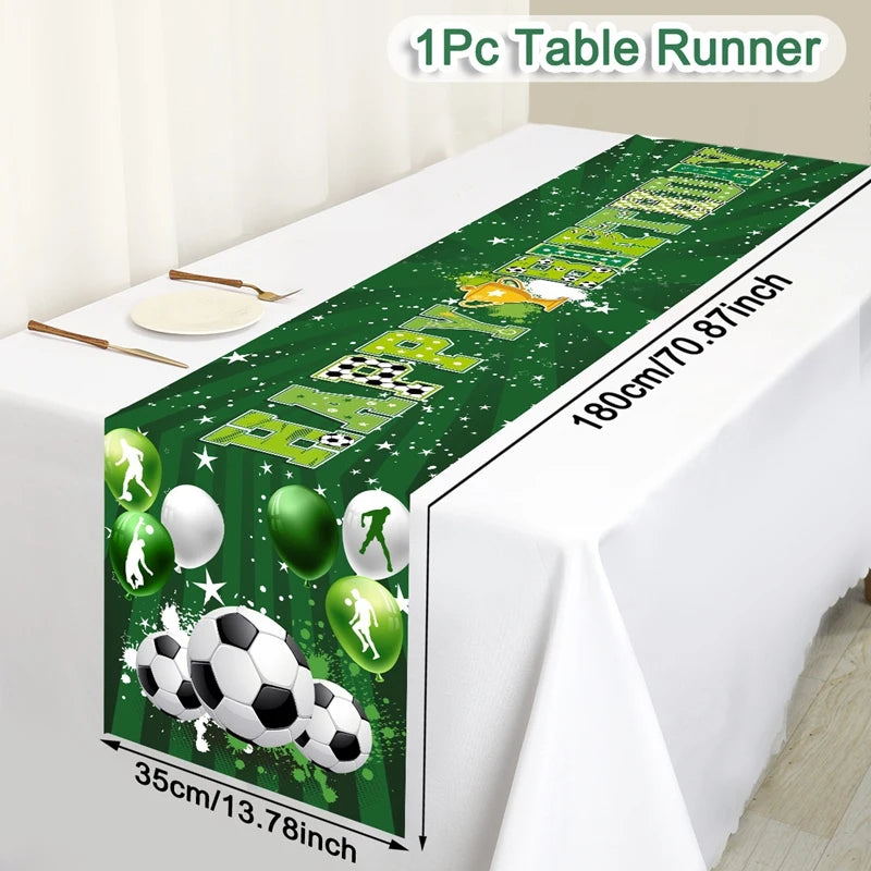 One piece green table runner decorated with soccer themes and green elements