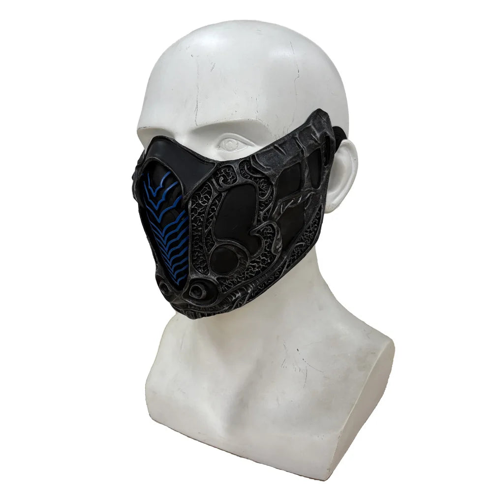 Black half-face mask featuring blue lightning bolt design on a white mannequin head