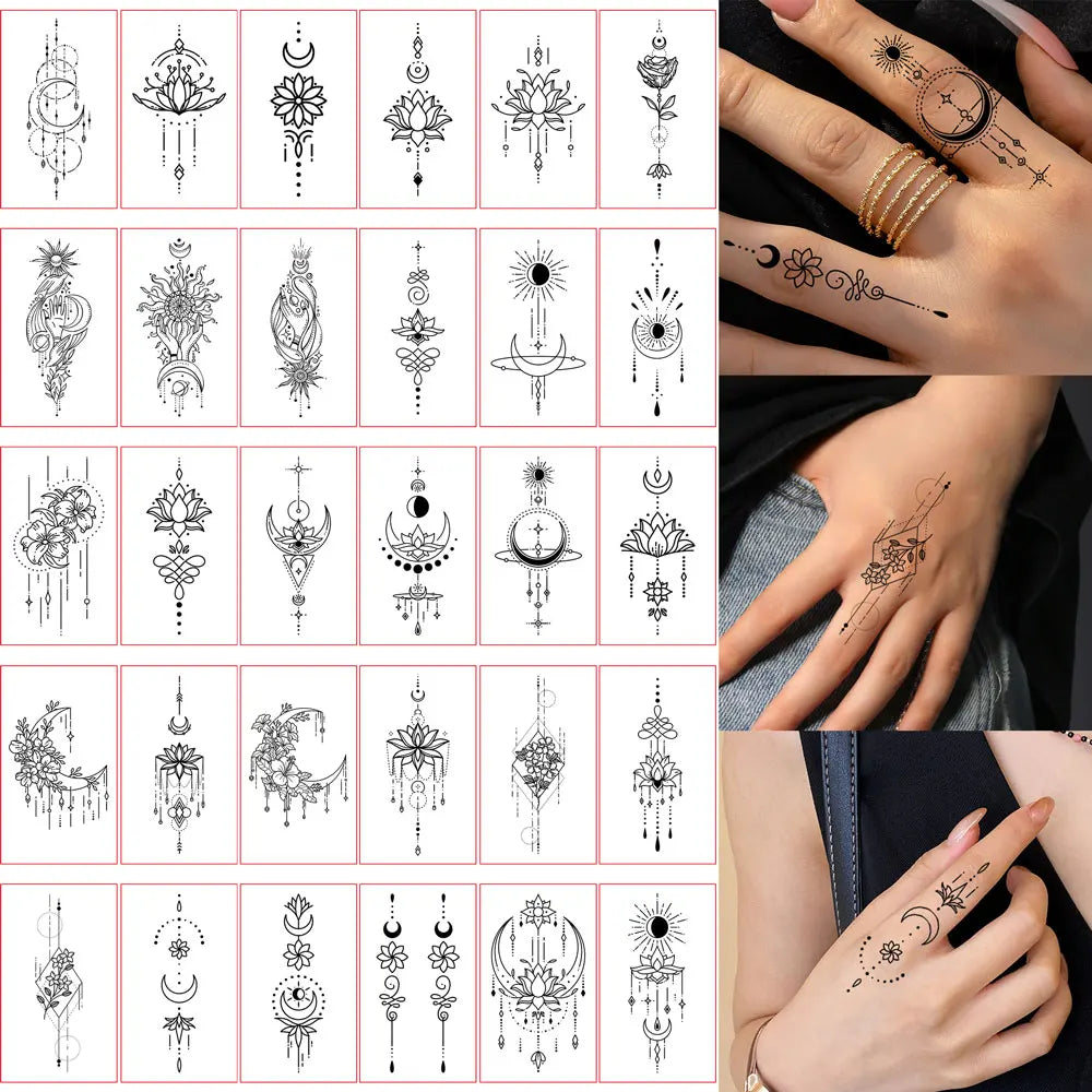 A collection of 30 temporary waterproof body art stickers featuring various floral, celestial, and mystical designs on a whit