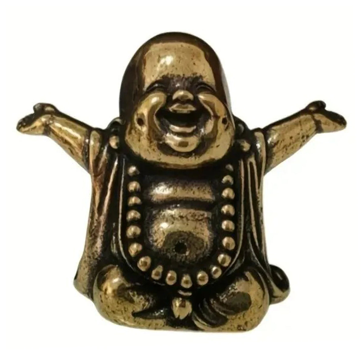 Brass laughing Buddha statue with a joyful expression, used for home decor.