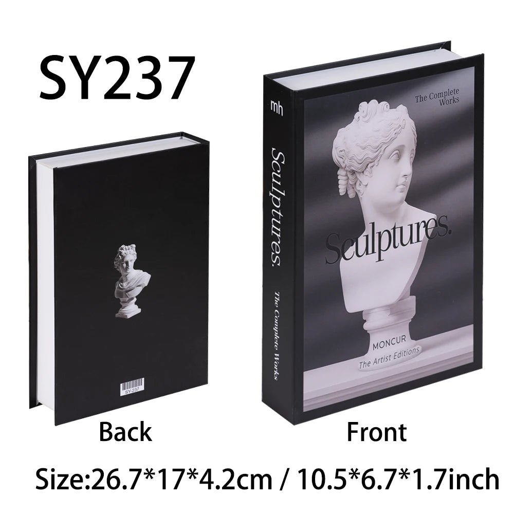 A black book titled Sculptures shows a white marble bust on the cover and back.