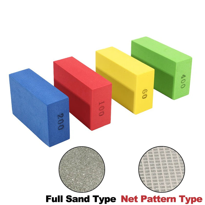 A set of colored sanding pads in net pattern types, including blue, red, yellow, and green.