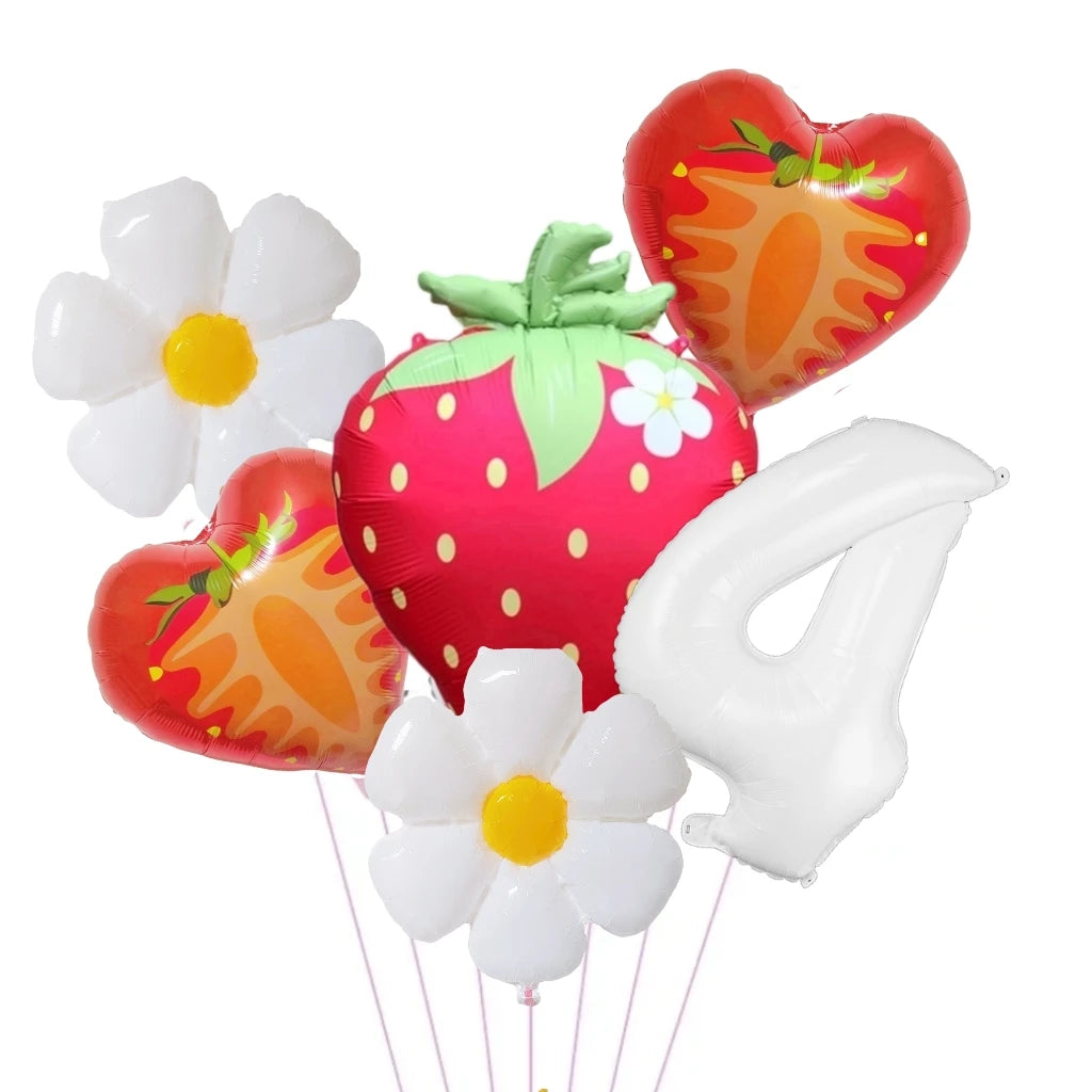 A set of six foil balloons shaped like hearts and a strawberry in red, orange, white, and green colors.