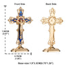A gold-colored metal crucifix desk cross with a blue inlay and self-adhesive base shown from the front and back.