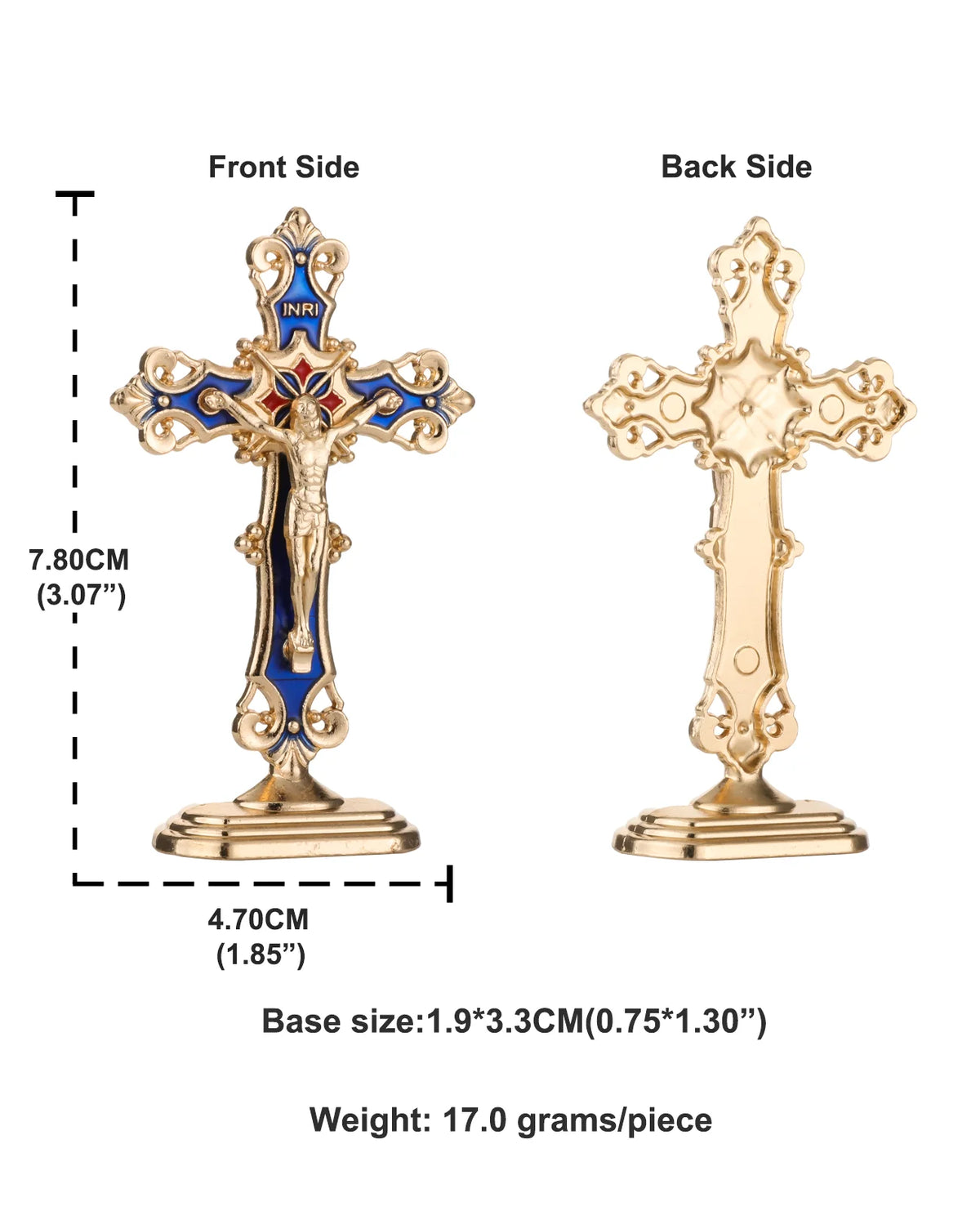 A gold-colored metal crucifix desk cross with a blue inlay and self-adhesive base shown from the front and back.