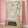 Wall art print featuring a watercolor illustration of a duck in an arched window set against a brick background