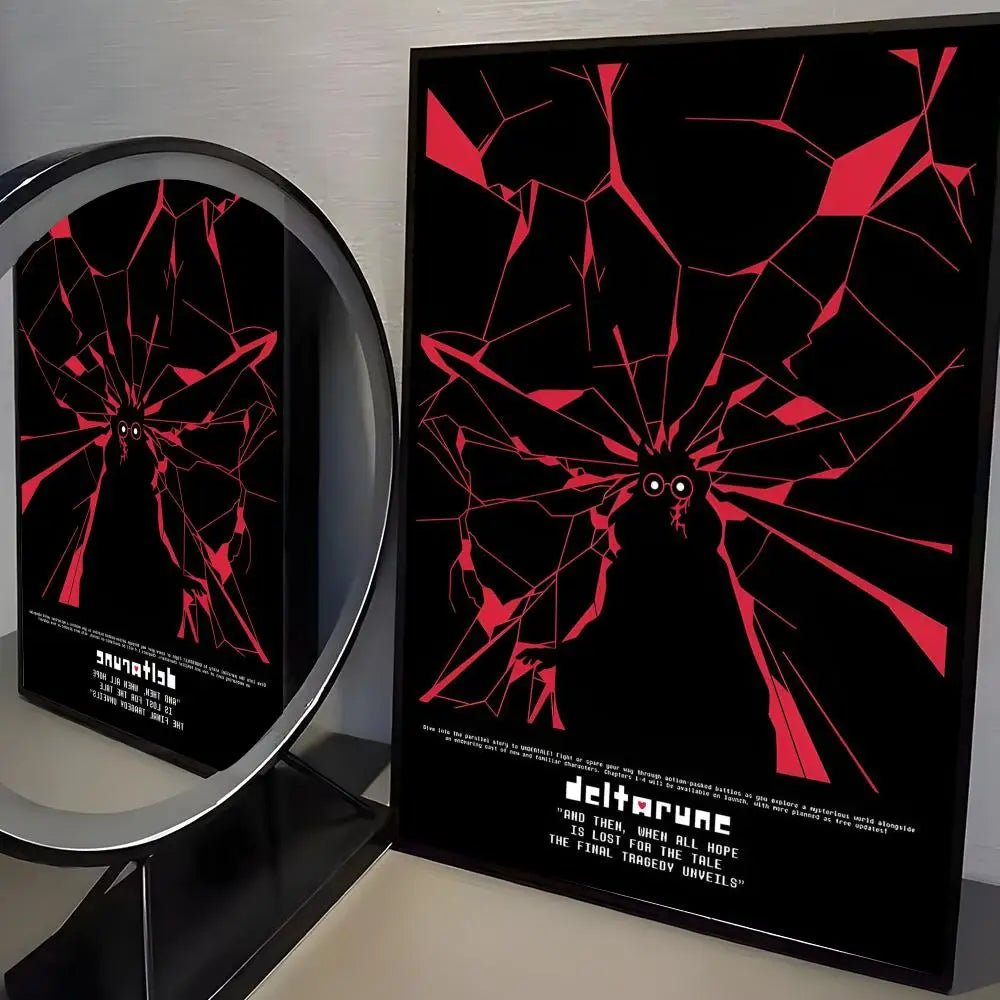 A framed poster featuring a cracked red silhouette of a figure against a black background for Deltarune
