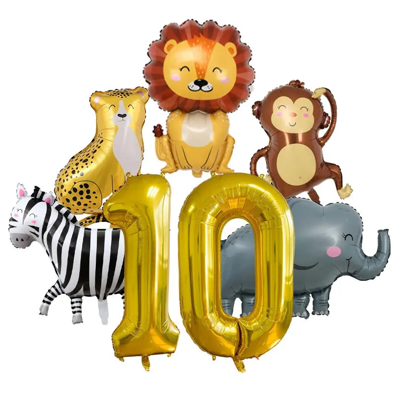 Jungle safari birthday decor set featuring lion, zebra, elephant, and monkey plush toys.