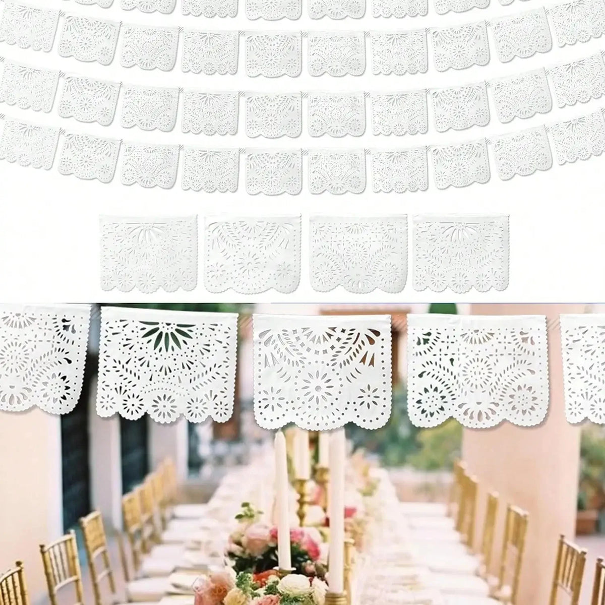 White Mexican fiesta cutout banners hanging above a long table setting for a party or Dia de Muertos event