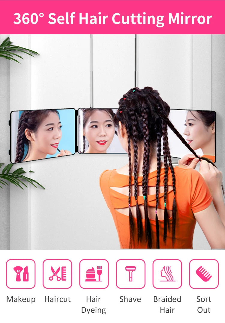 3-Way LED Makeup and Haircut Mirror with 360° Rotation and Door Hook