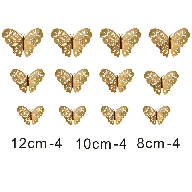 A set of gold butterfly cake toppers in various sizes, ranging from 8cm to 12cm.