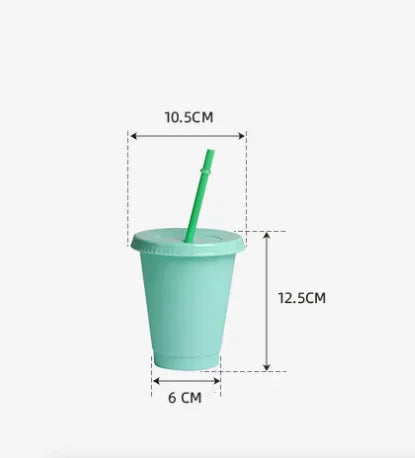 A light mint green plastic cold cup with a lid and a green straw, shown from the side.