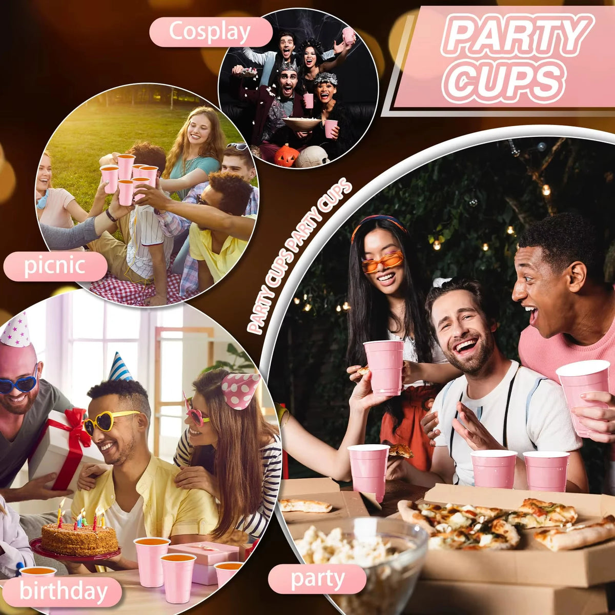 A collage showing various party cups, including plastic shot cups, used in contexts like picnics, birthdays, and parties.