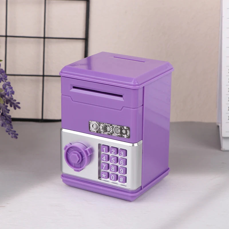 A purple mini piggy bank and money box with a silver keypad is shown on a light surface.