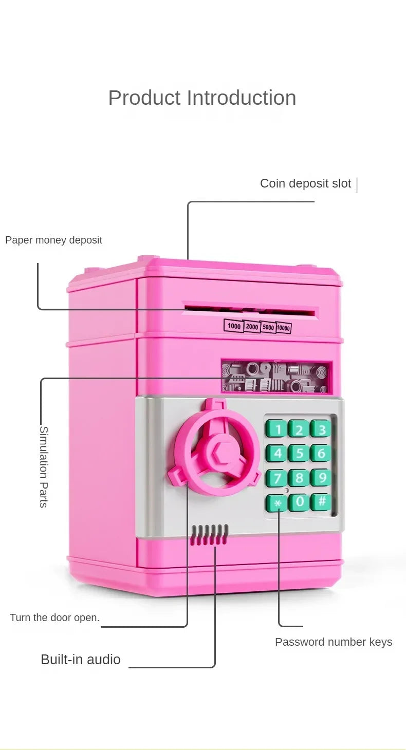 A pink automatic mini cash saving piggy bank with a coin deposit slot, keypad, and door.
