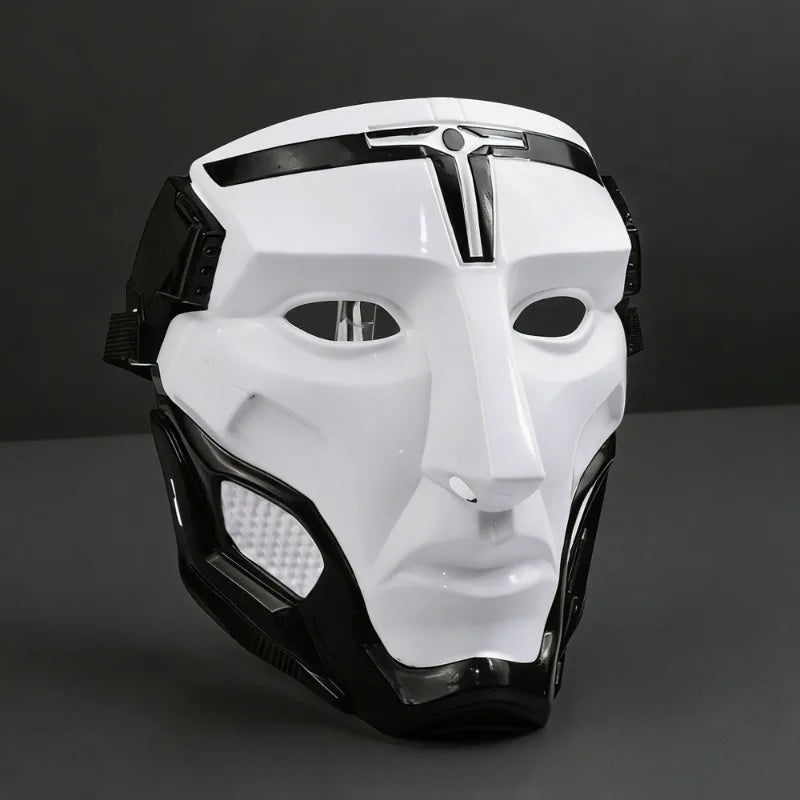 A white and black tactical warden cosplay mask with a prominent forehead emblem.