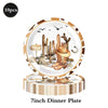 A 7 inch dinner plate with a western theme design featuring cacti, a cowboy hat, and an animal print border.