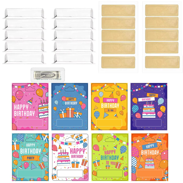 A collection of decorative money gift cards and ornaments in various colors and designs.