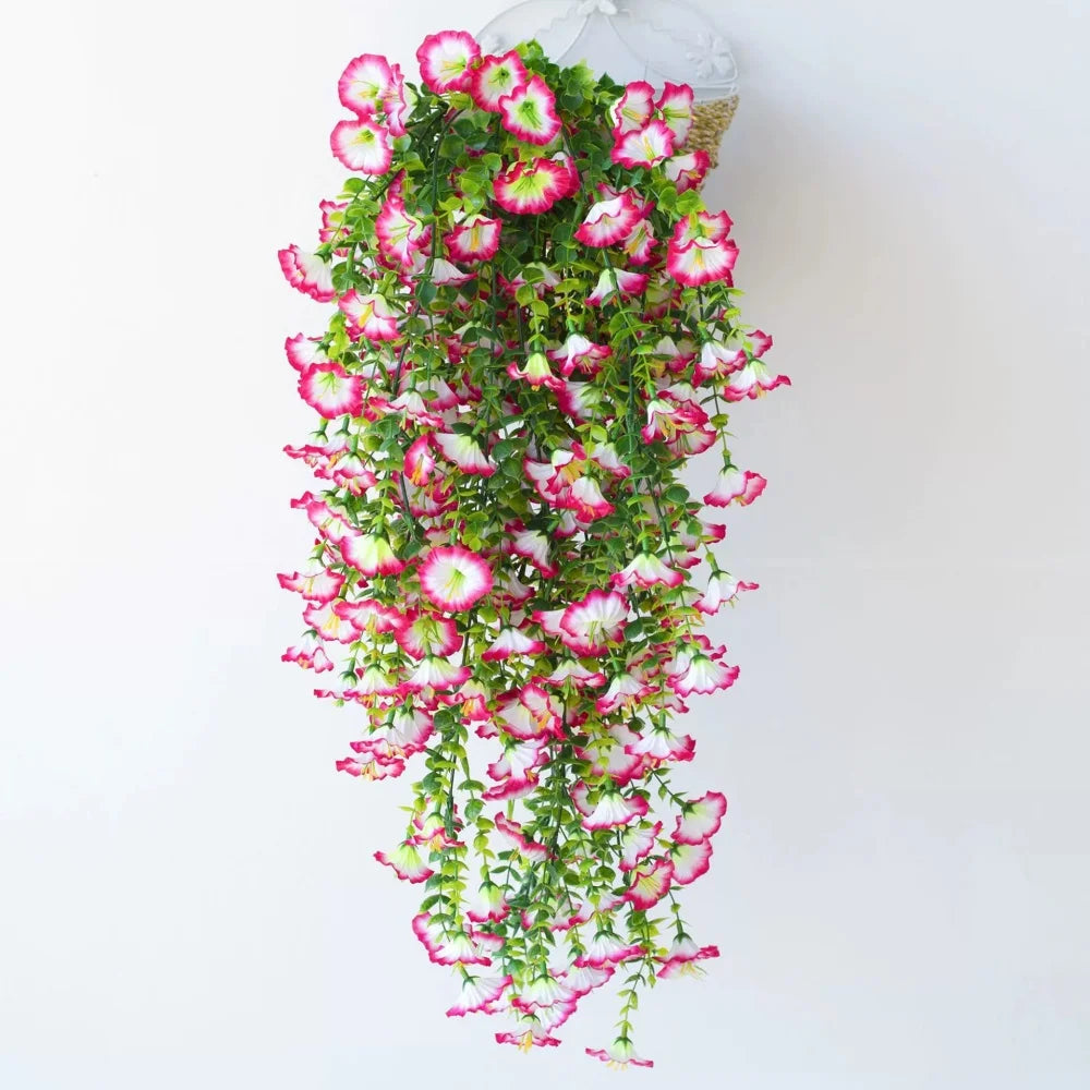 Artificial morning glory hanging vines with pink and white flowers cascading down