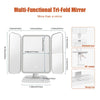 A white multi-functional tri-fold mirror with adjustable lighting and various folding options shown in detail.