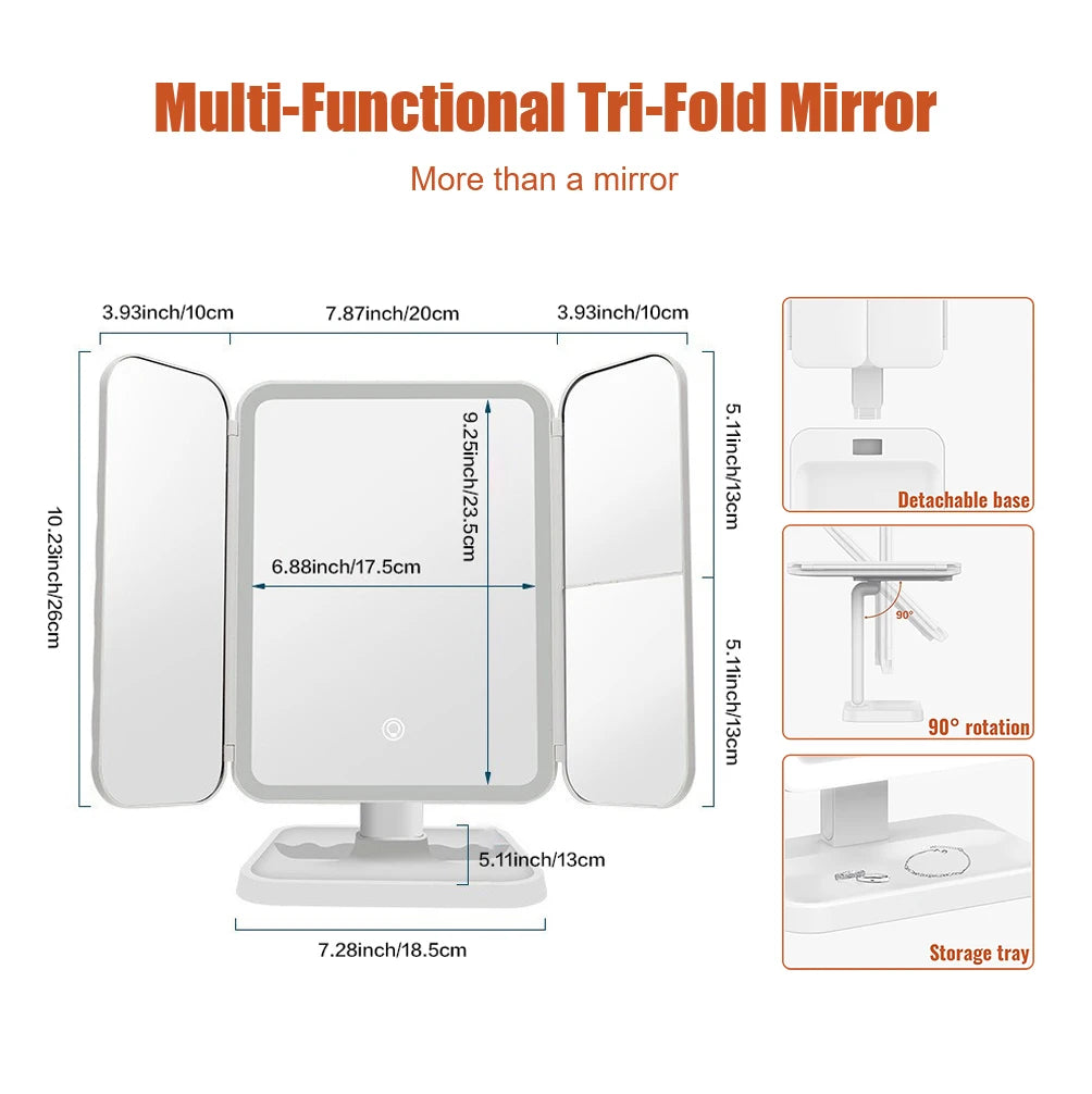 A white multi-functional tri-fold mirror with adjustable lighting and various folding options shown in detail.