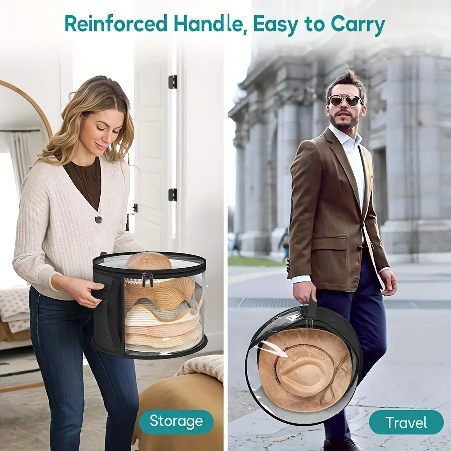 A woman holds an extra-large foldable hat storage box with a clear viewing window, demonstrating its easy portability for tra