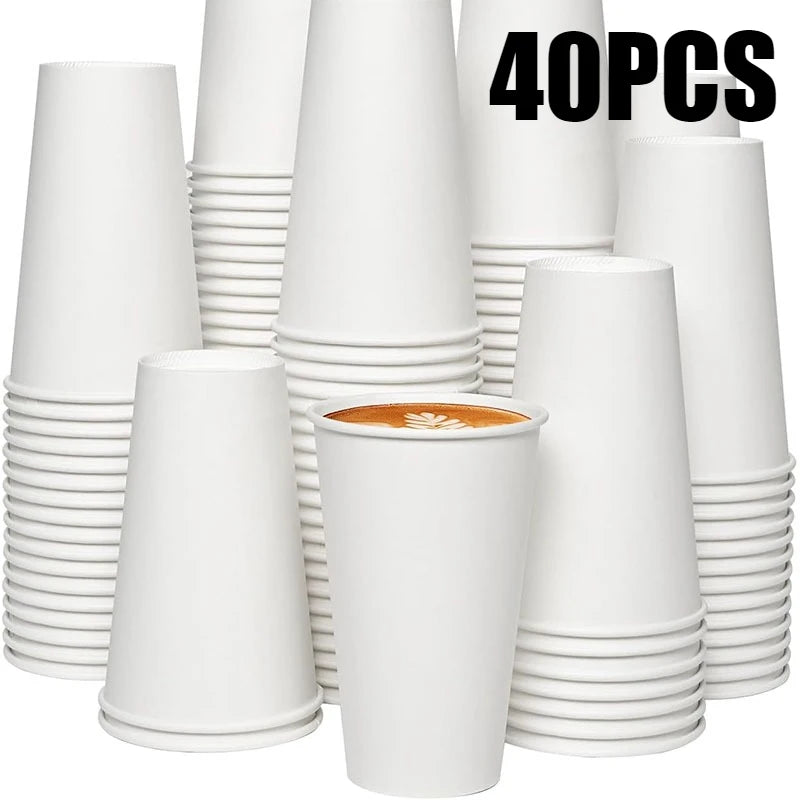 40 pieces of white disposable paper coffee cups stacked and displayed.