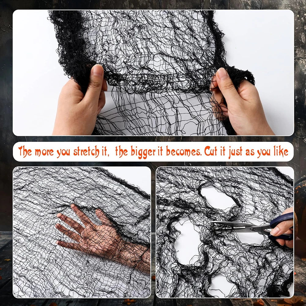 Hands stretching black gauze fabric to show how it stretches and tears