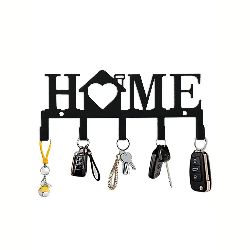 Black wall key holder with multiple hooks for keys and small items