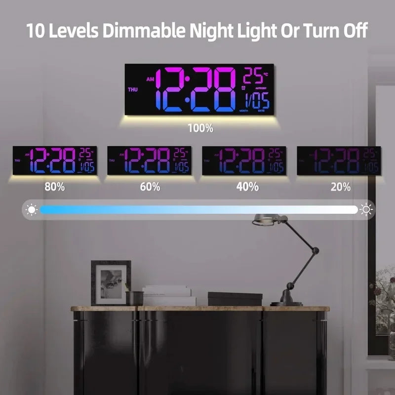 A digital night light clock displaying 12:28 with dimming levels shown on a slider.