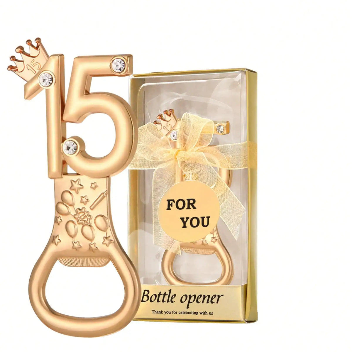 Gold crown number 15 bottle opener for party favors in a clear box