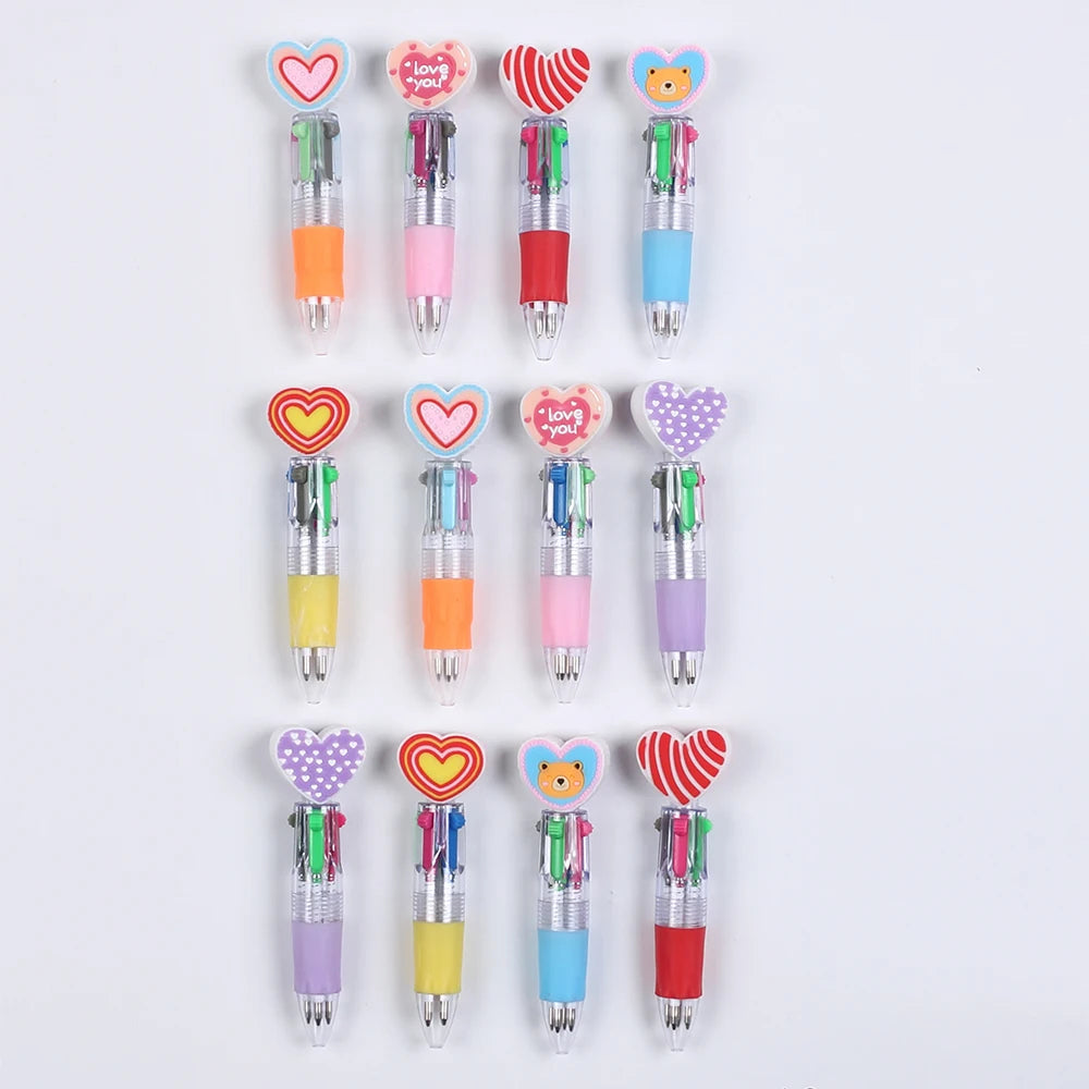 A set of 12 heart-shaped multicolor ballpoint pens in various colors and designs.