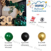 A balloon garland kit featuring various sizes and colors of latex balloons including green, black, and gold.