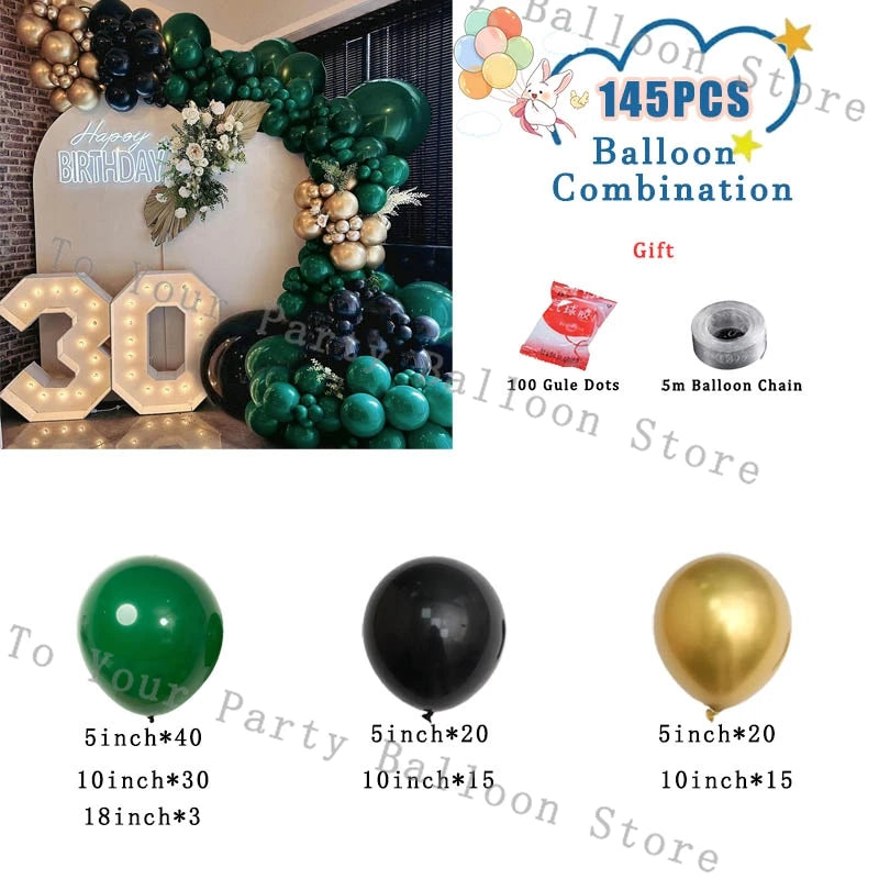 A balloon garland kit featuring various sizes and colors of latex balloons including green, black, and gold.