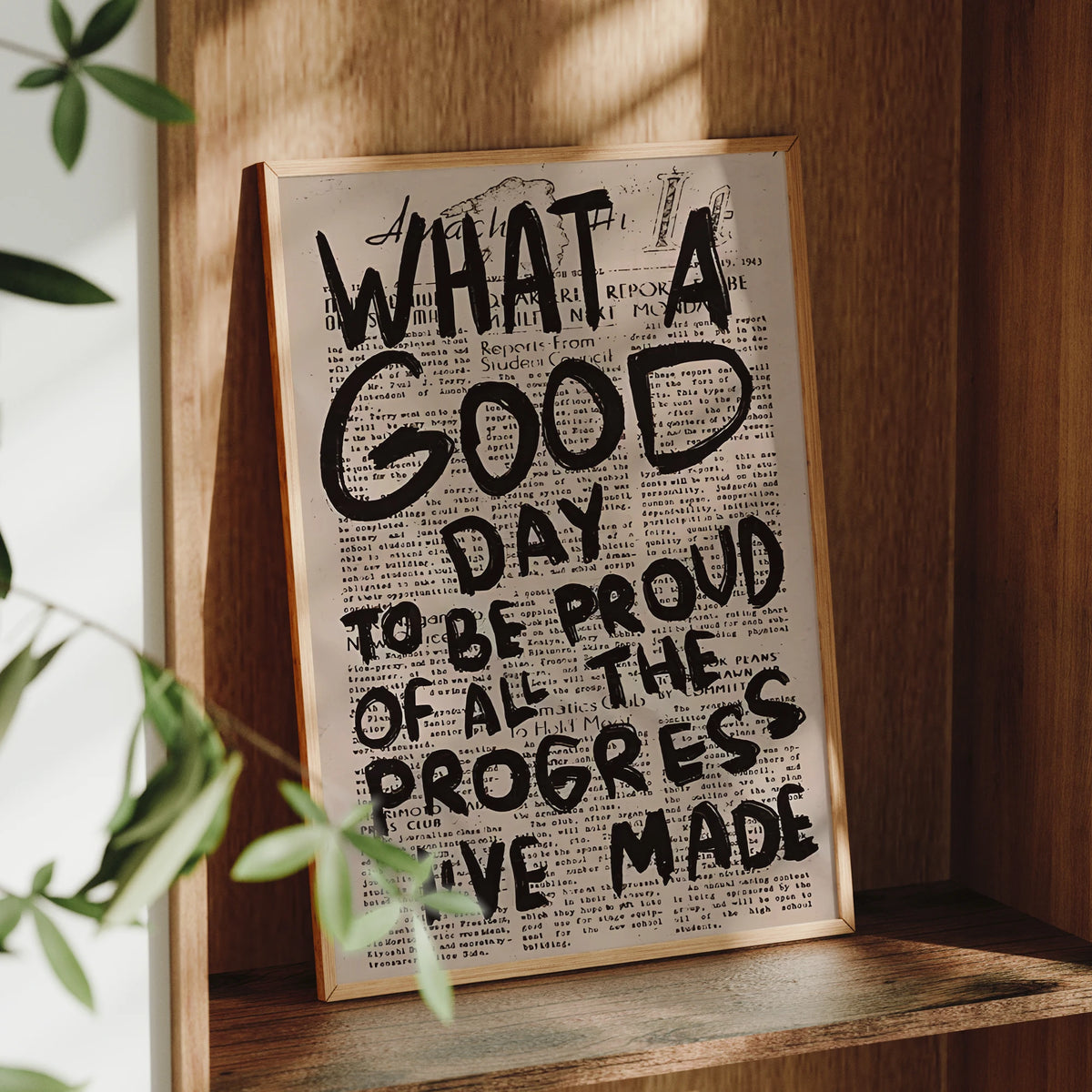 Vintage newspaper print art featuring the text What a Good Day to be proud of all the progress made on canvas wall art