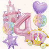 A set of seven pink balloons shaped like the number four, a castle, and a heart for a birthday celebration.