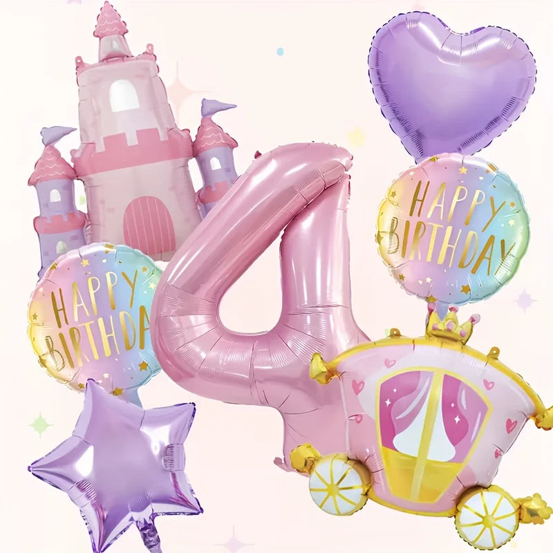 A set of seven pink balloons shaped like the number four, a castle, and a heart for a birthday celebration.