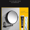 A black folding double-sided wall mirror with telescopic arms is shown next to a tube of Sealant Fix product.