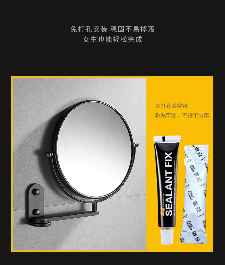 A black folding double-sided wall mirror with telescopic arms is shown next to a tube of Sealant Fix product.