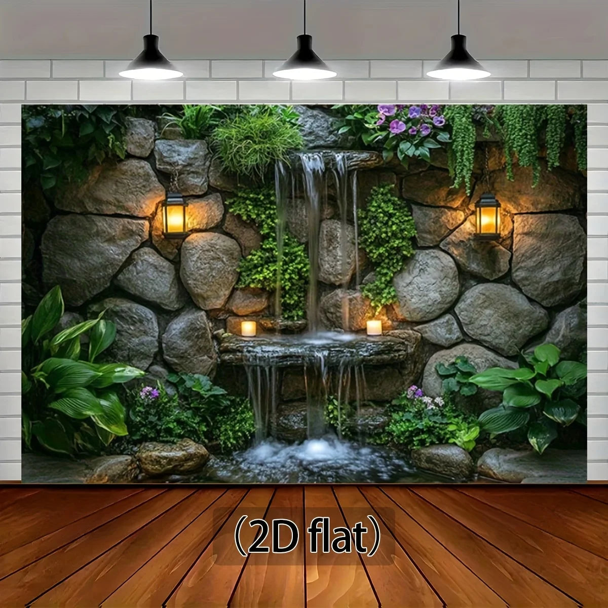 A realistic 2D flat image of a stone wall tapestry featuring a waterfall and lush green plants.