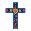 Colorful Mexican cross wood wall art featuring vibrant flowers and flames in pink, orange, yellow, and blue.