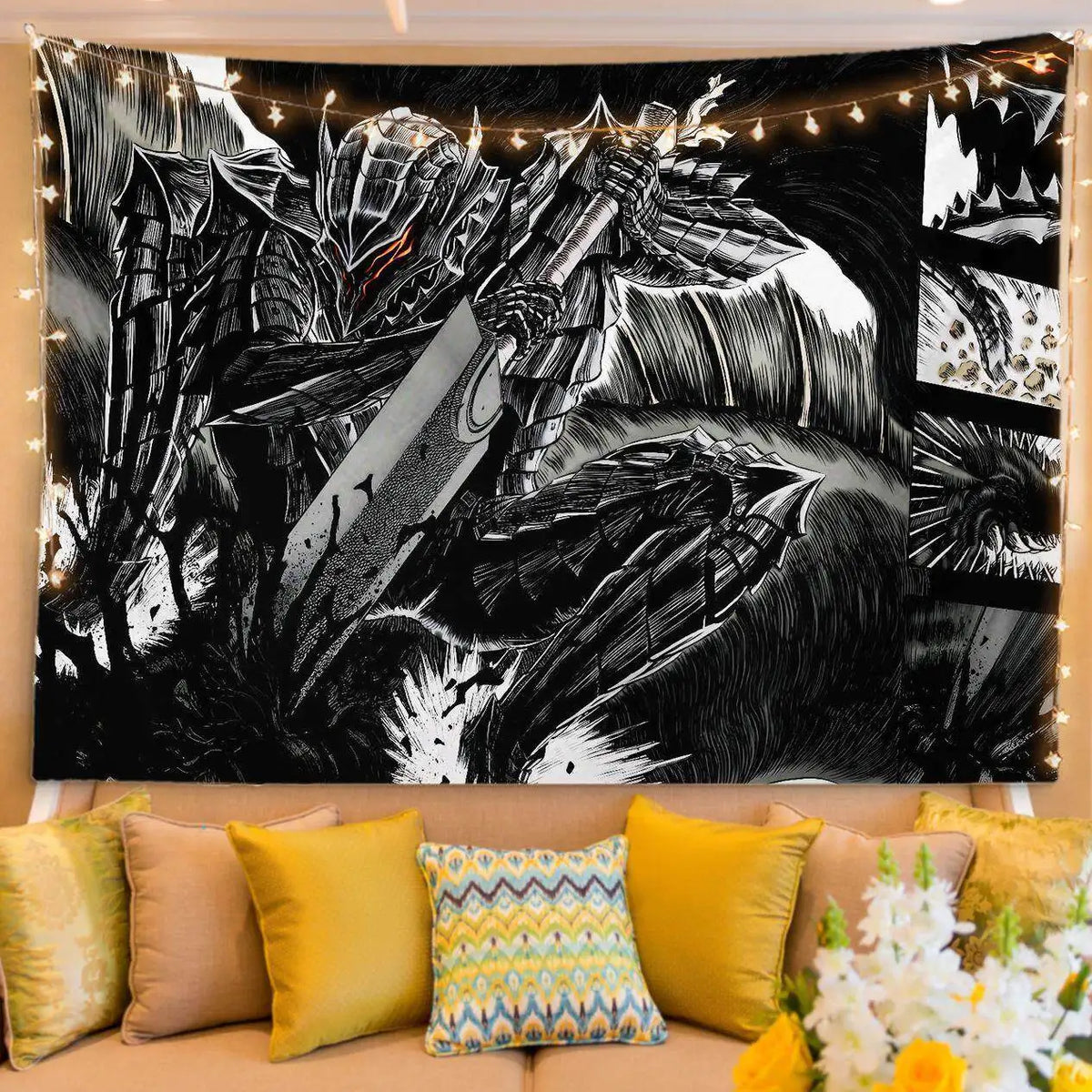 A dark, dramatic manga art tapestry featuring a fierce warrior wielding a sword on a black background.