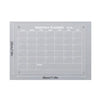 A monthly planner grid on a magnetic acrylic board with labeled days and space for notes.