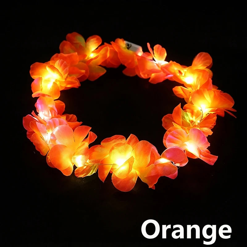 An orange LED flower crown headband with glowing lights against a black background.