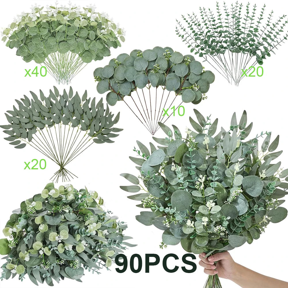 A collection of 90 artificial bouquets featuring mixed eucalyptus and willow greenery.