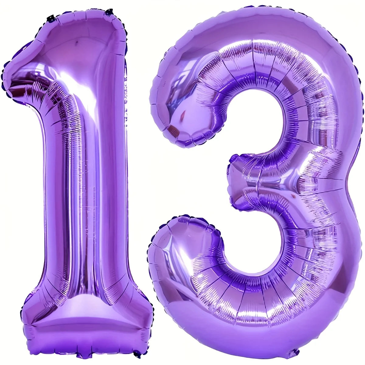 A purple foil number balloon shaped like the number 13.